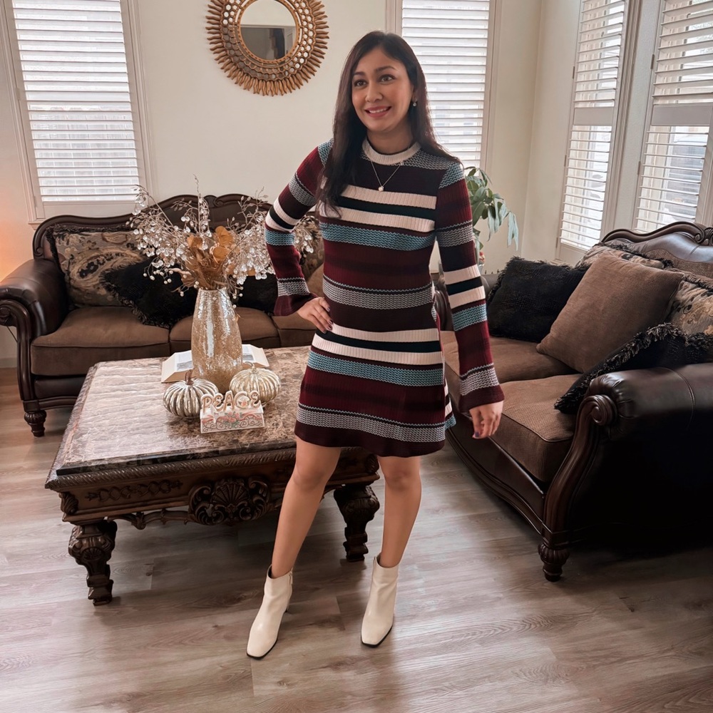 American Rag Multicolor Striped Bell Sleeve Mock Neck Sweater Dress 60s Mod